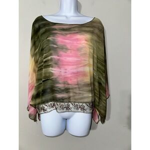 Taunt Women's Sheer Kimono Poncho Top Beaded Hem Tie Dye Size S